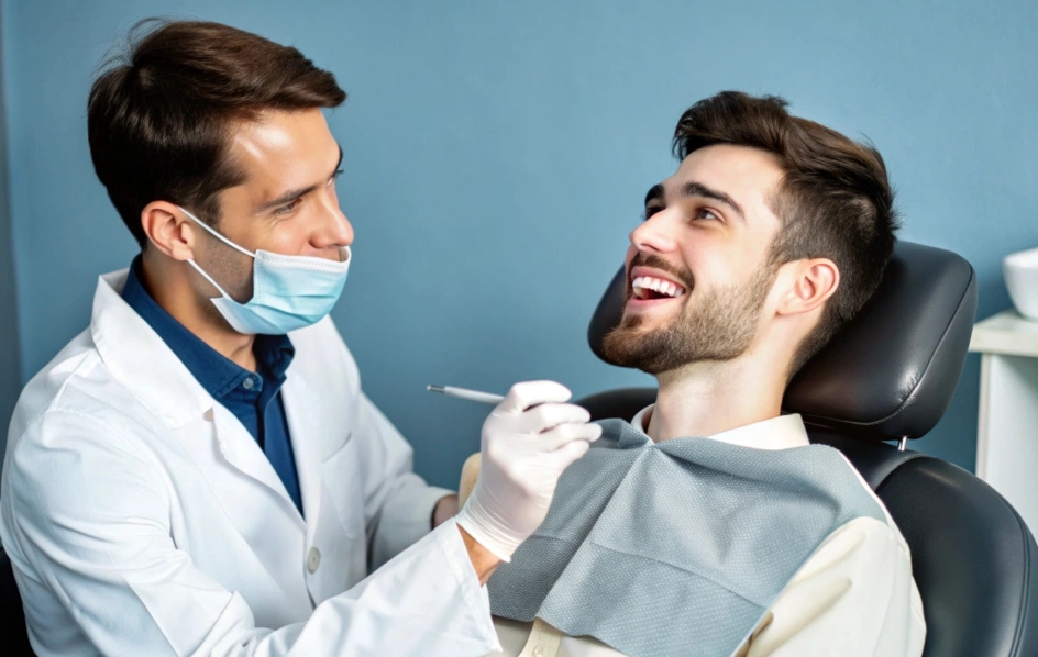 Dentist wearing a face mask and gloves examining a smiling male patient reclining in a dental chair.